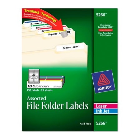 Avery File Folder Label, 21/32" Label W, 30 Labels per Sheet Yellow 5266